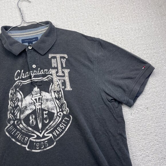 VTG Tommy Hilfiger 1985 Grey Polo Shirt Men XL Varsity Champion Graphic Read - Picture 3 of 16